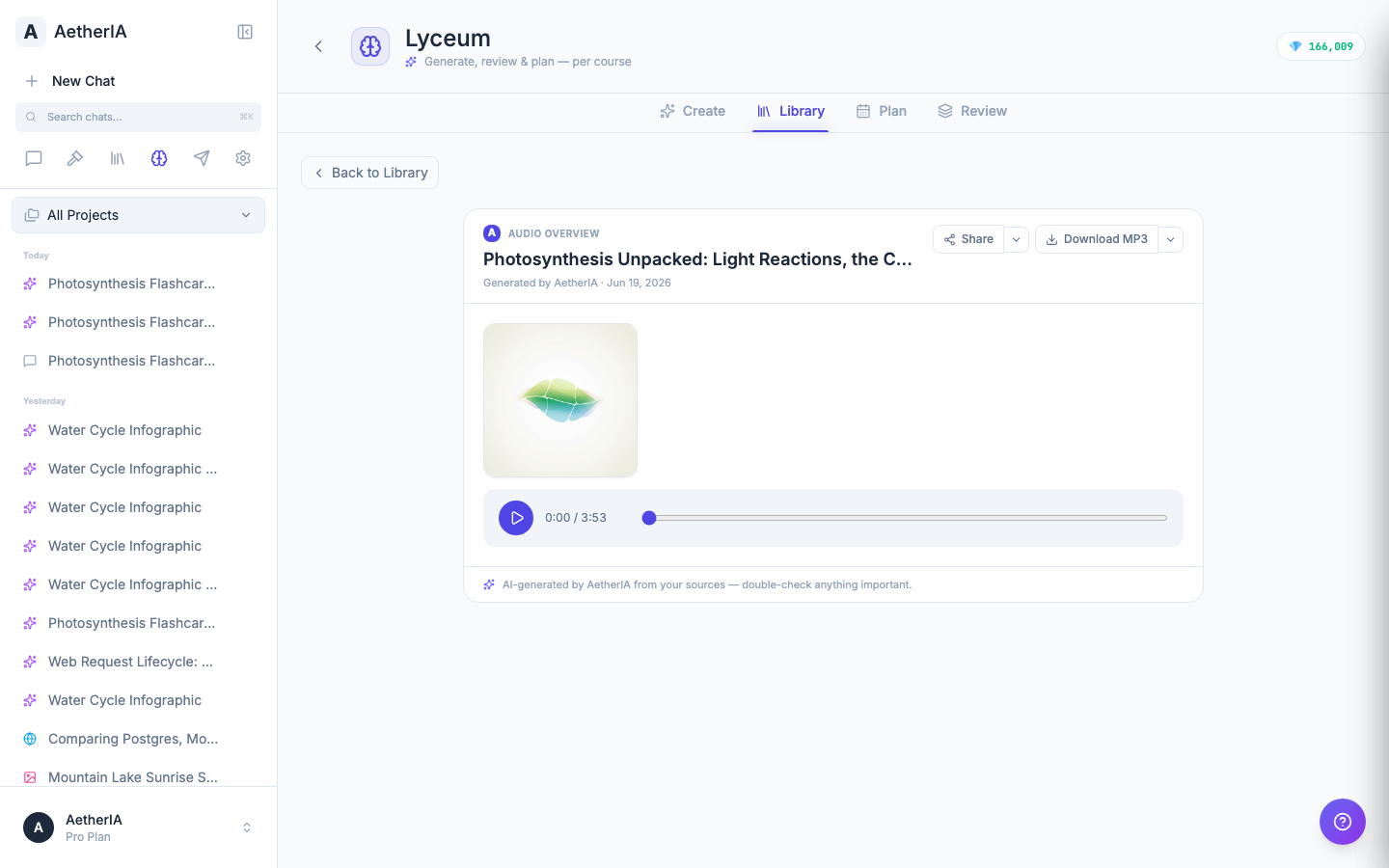 Audio overviews — AI-narrated briefings and two-host study podcasts.
