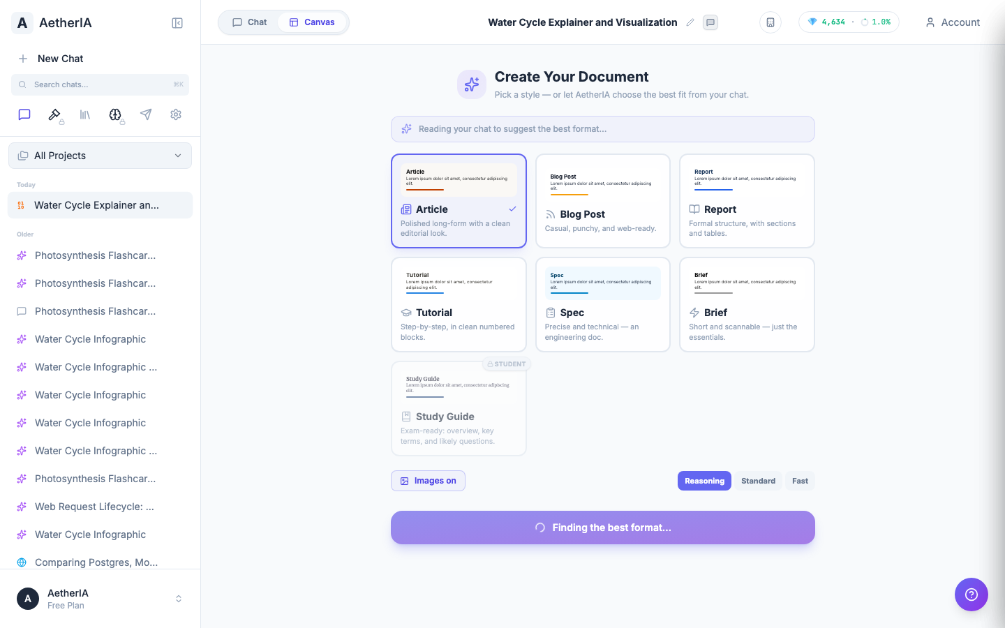 Turn any chat into a document — Convert a conversation into a styled, editable Canvas document — article, report, brief, and more.