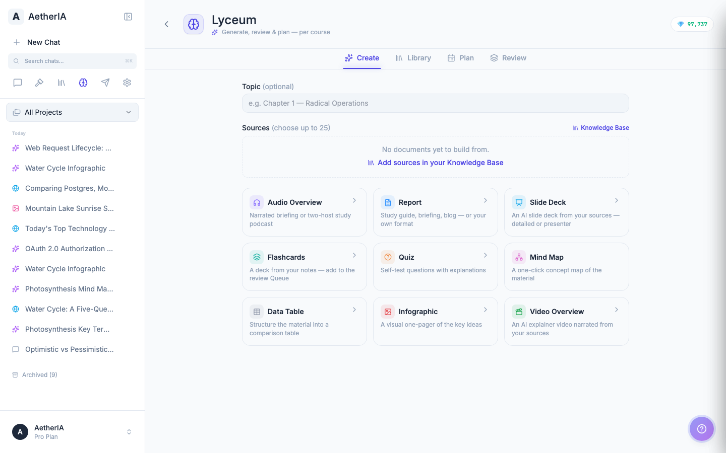 Lyceum — your study engine — Generate audio, slides, flashcards, quizzes & mind maps, then review with spaced repetition.