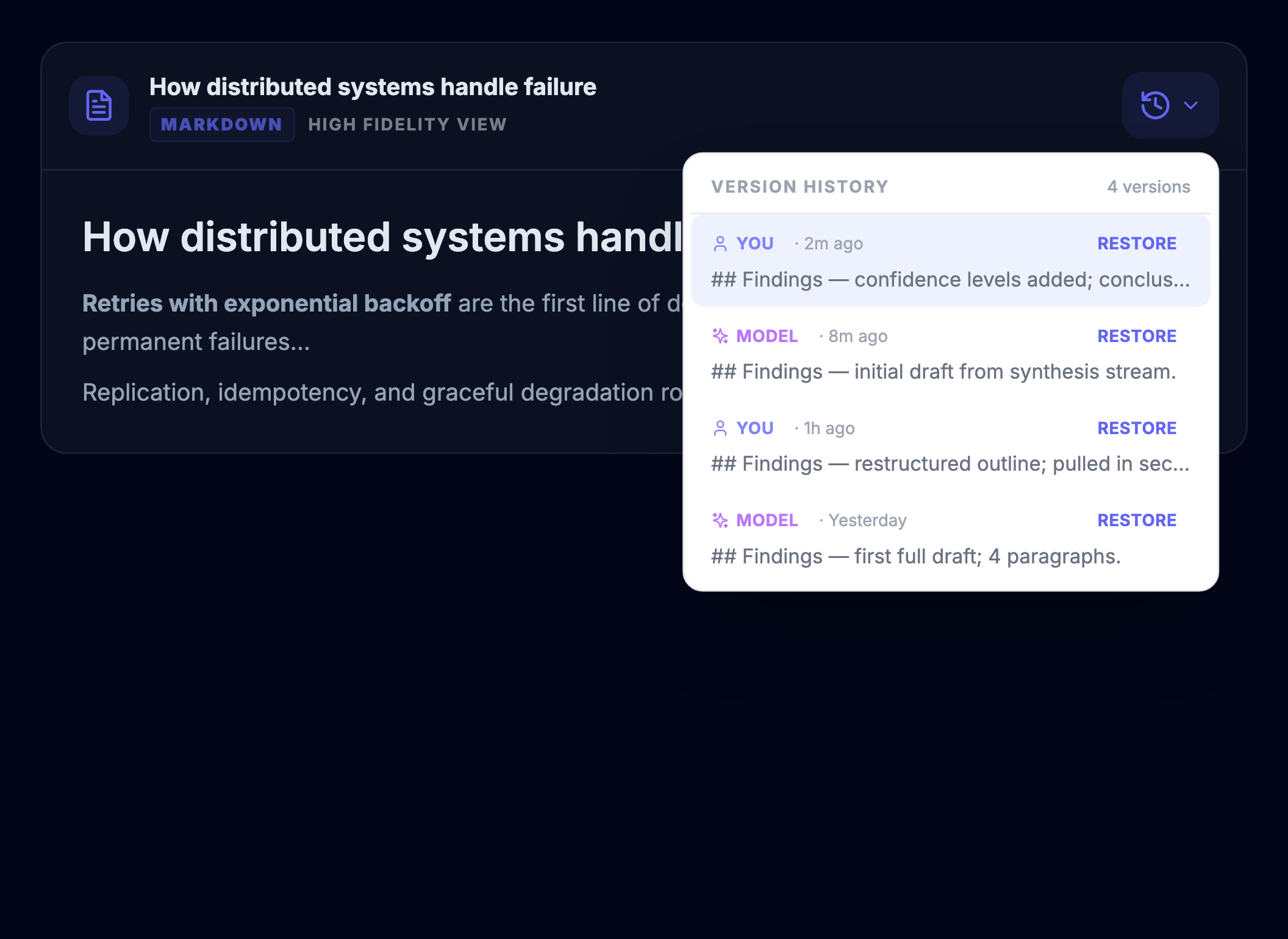 Document version history — Every edit and regeneration is versioned in Canvas — compare and restore any point.